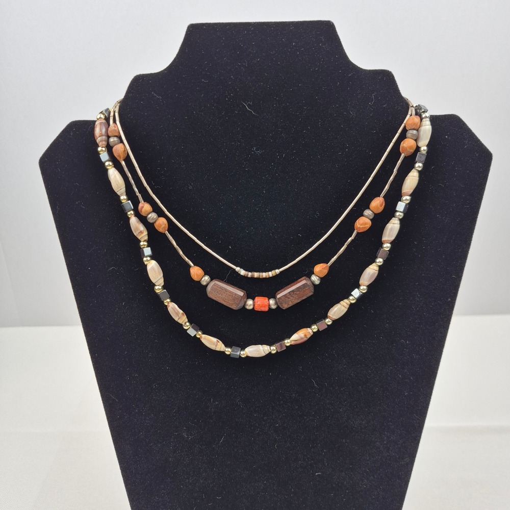 Vtg Southwestern Stone‎ Look Beaded Necklace Lot 3pc Barrel Clasp Boho Layered